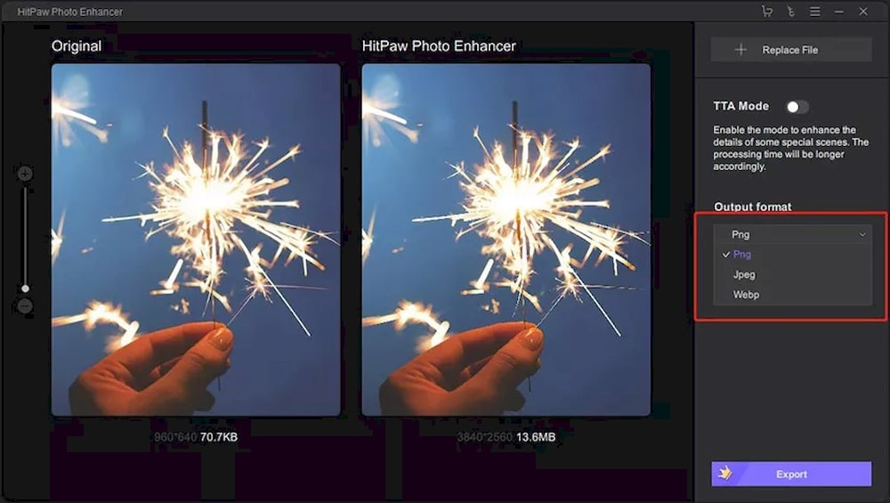 HitPaw Photo Enhancer 評價 - 導出圖片檔案格式